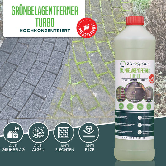 zerogreen® Grünbelagentferner Turbo | Anti Algen, Grünspan, Flechten mit Sofort-Effekt | Konzentrat