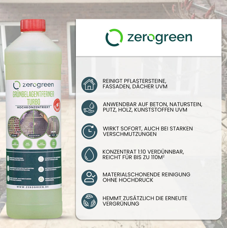 zerogreen® Grünbelagentferner Turbo | Anti Algen, Grünspan, Flechten mit Sofort-Effekt | Konzentrat