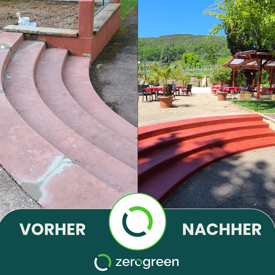 Färbung einer Beton- Treppe in Naturrot mit zerogreen Steinfarbe