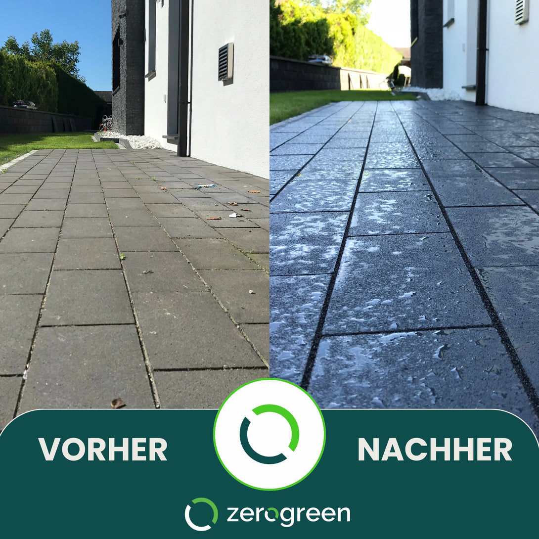 Vorher und Nachher: Verwandlung eines Gartenwegs mit zerogreen Steinfarbe Schiefergrau